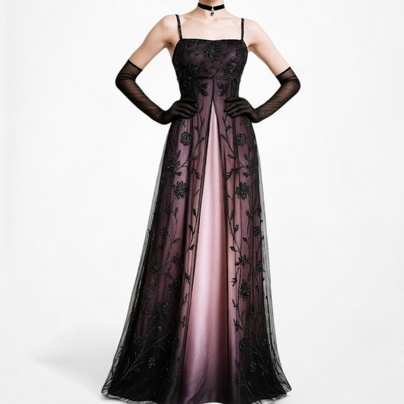 Vintage Plum Brown Floral Beaded Satin Gradient Mesh Maxi Prom Dress Size S - Picture 2 of 11